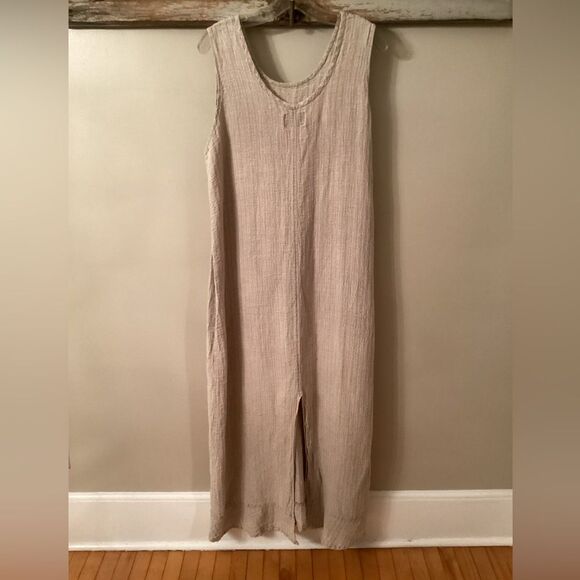 FLAX JEANNE ENGELHART VINTAGE LINEN SEERSUCKER OATMEAL MAXI TANK DRESS LAGENLOOK - Picture 2 of 6